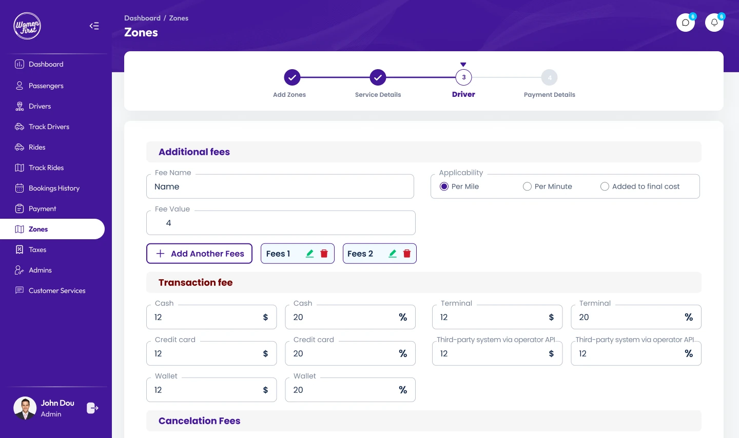Women First admin dashboard with transaction and cancellation fee settings