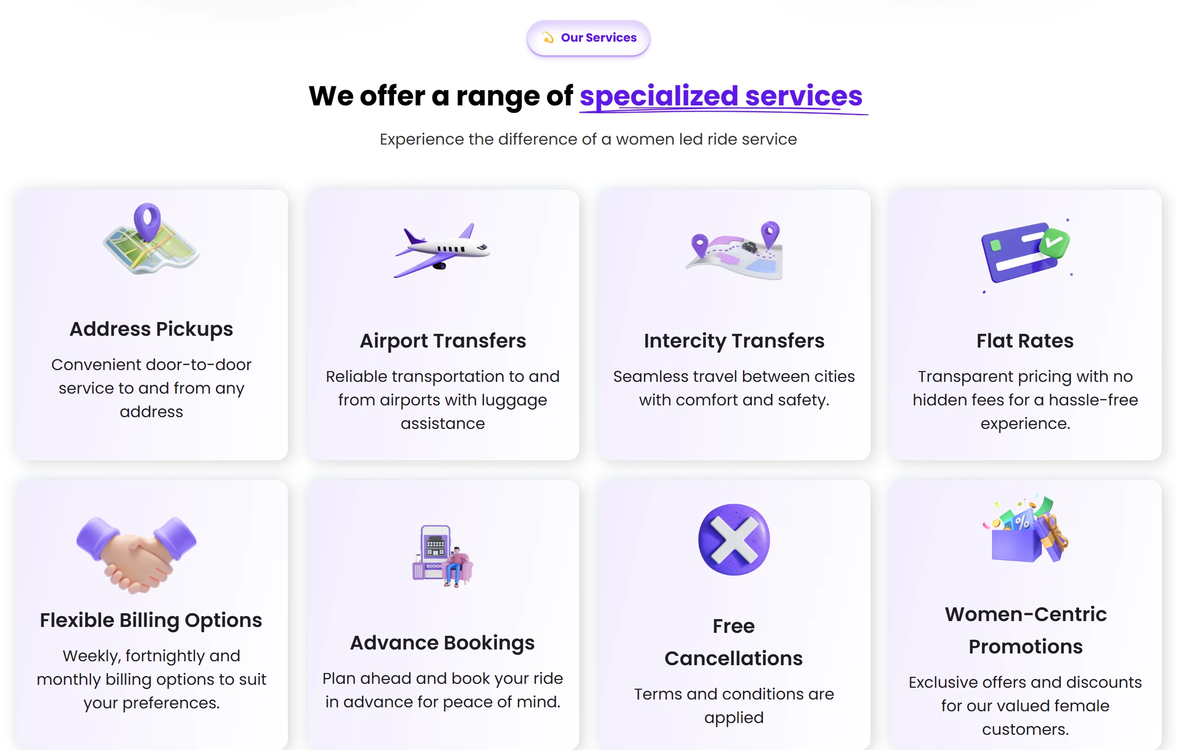 Women First website services: address pickups, airport and intercity transfers, flat rates and advance bookings