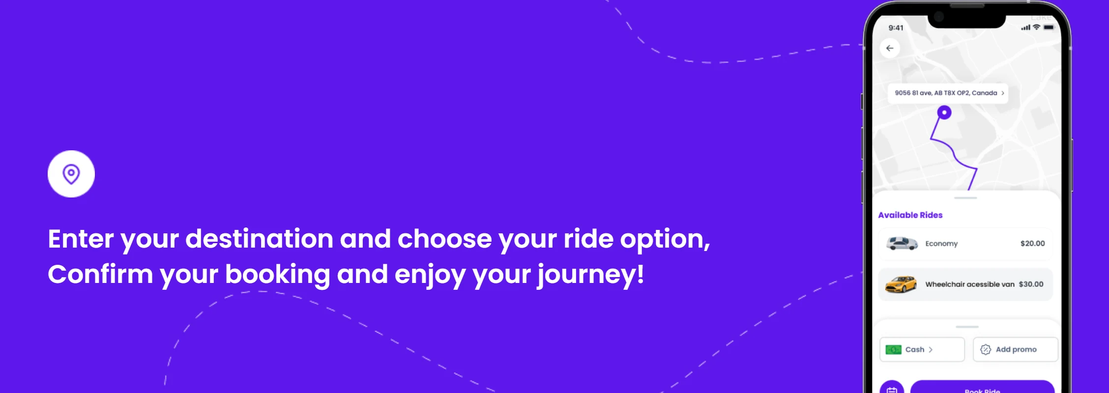 Women First app booking screen with the route on the map and available rides