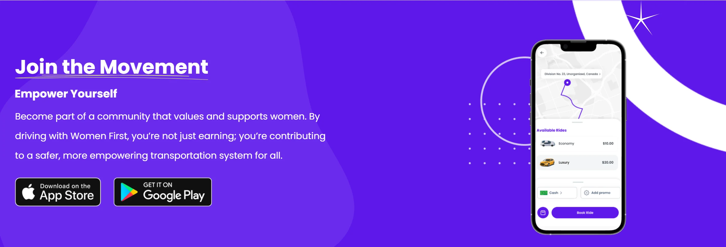 Women First Join the Movement section inviting women to drive, with app store links