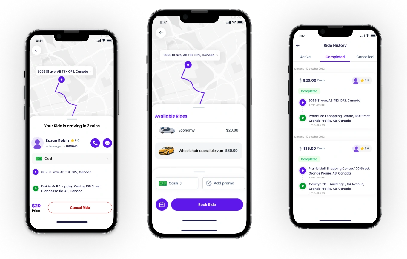 Women First app on three phones: ride arriving, available rides and ride history
