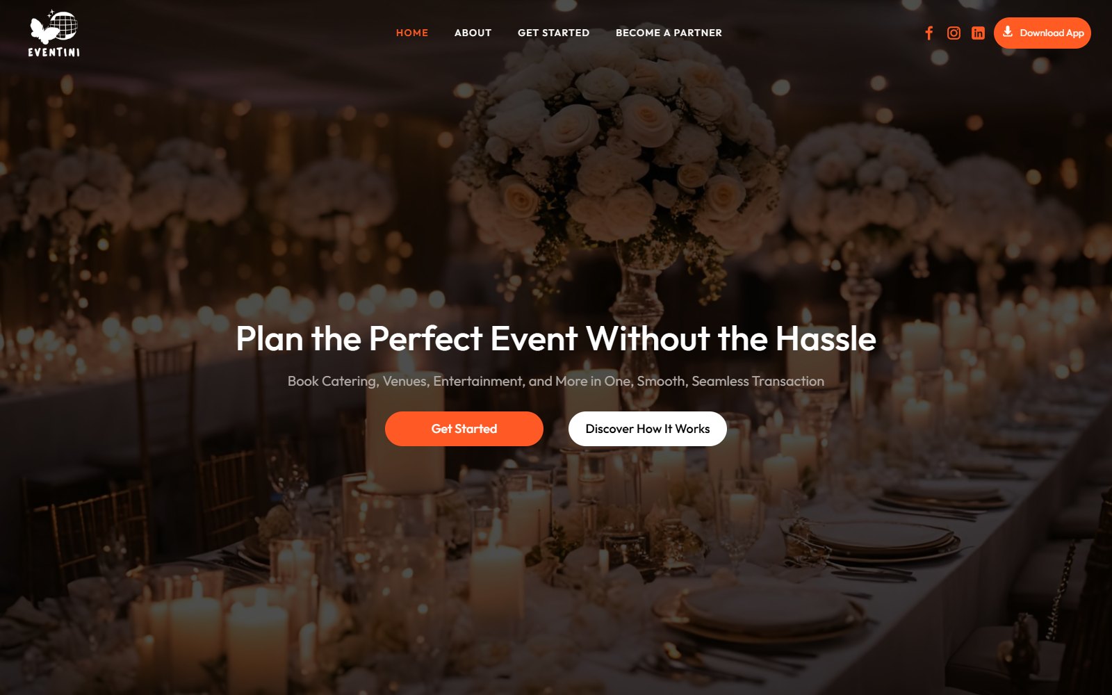 Eventini homepage hero with a candle-lit event table