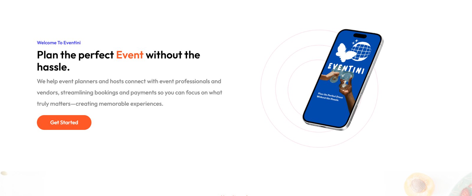 Eventini homepage section Plan the perfect Event without the hassle, with the app splash screen on a phone