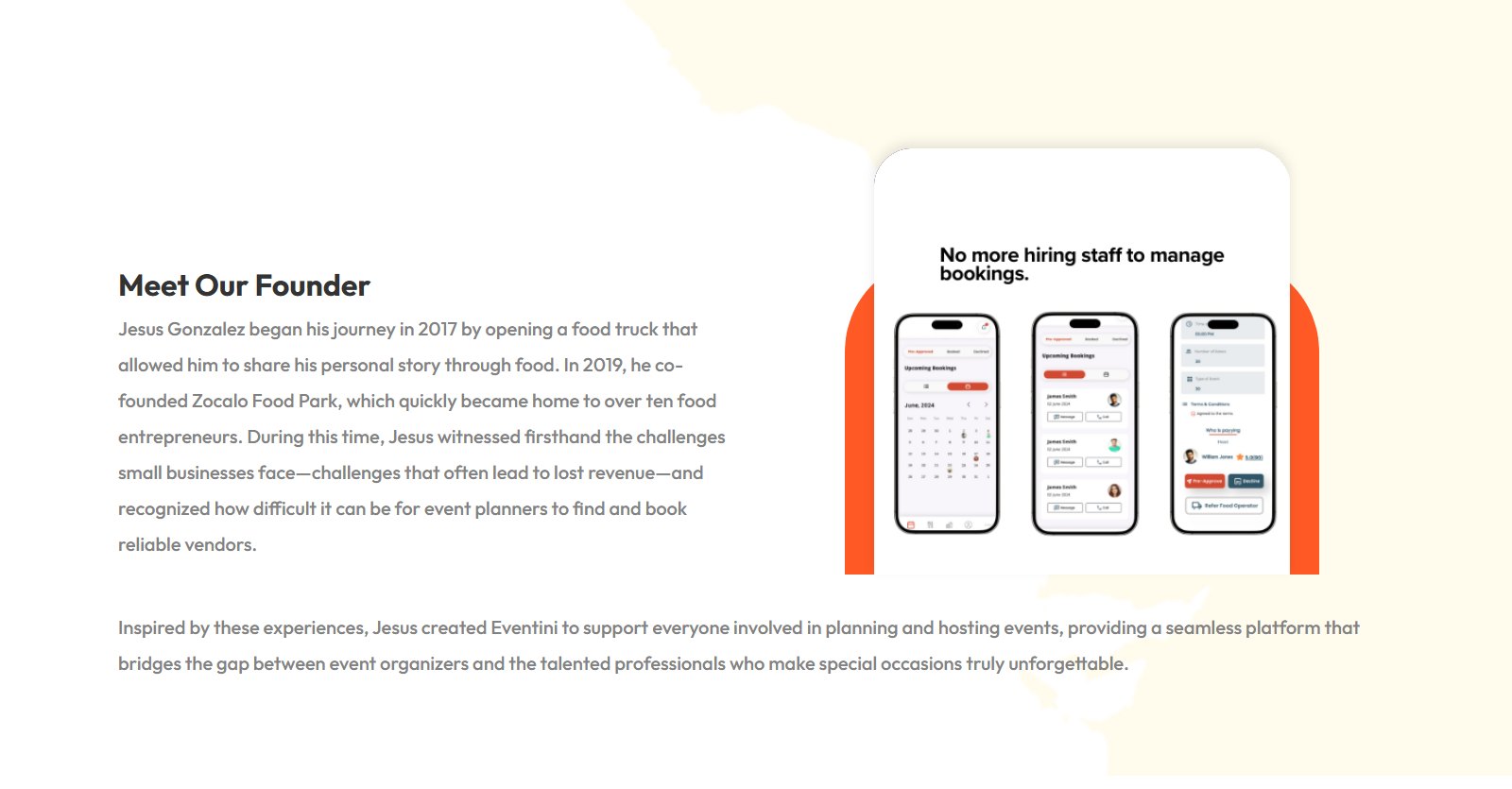 Eventini About page founder section with three app screens