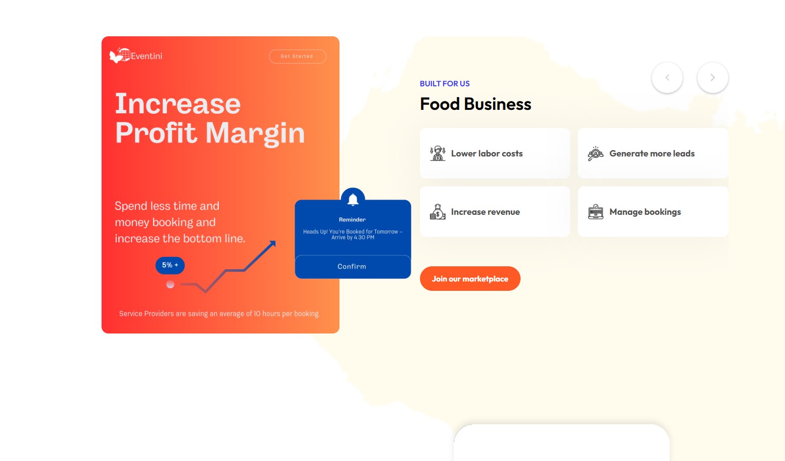Eventini About page, Built for us section with the Increase Profit Margin card