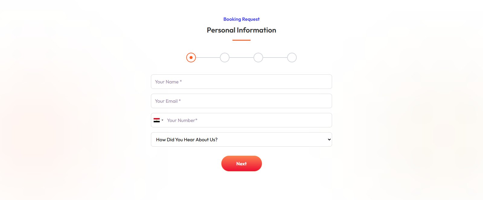 Eventini Booking Request form, Personal Information, step 1 of 4