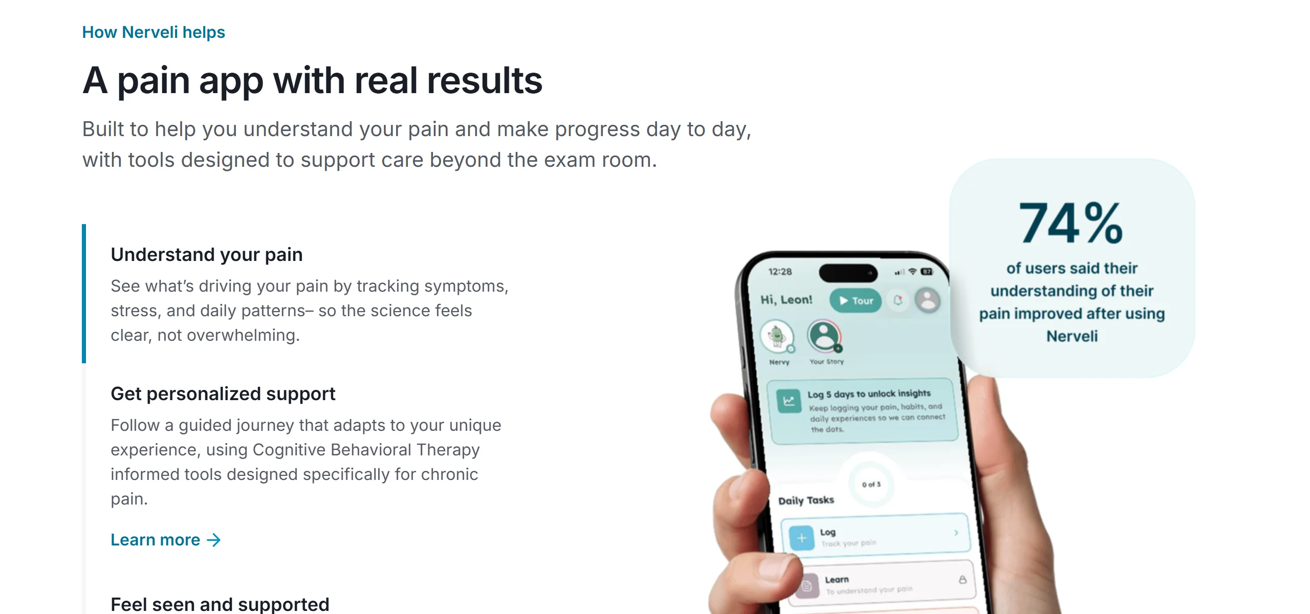 The Nerveli website: A pain app with real results, with the app's home screen on a phone and a 74% results card
