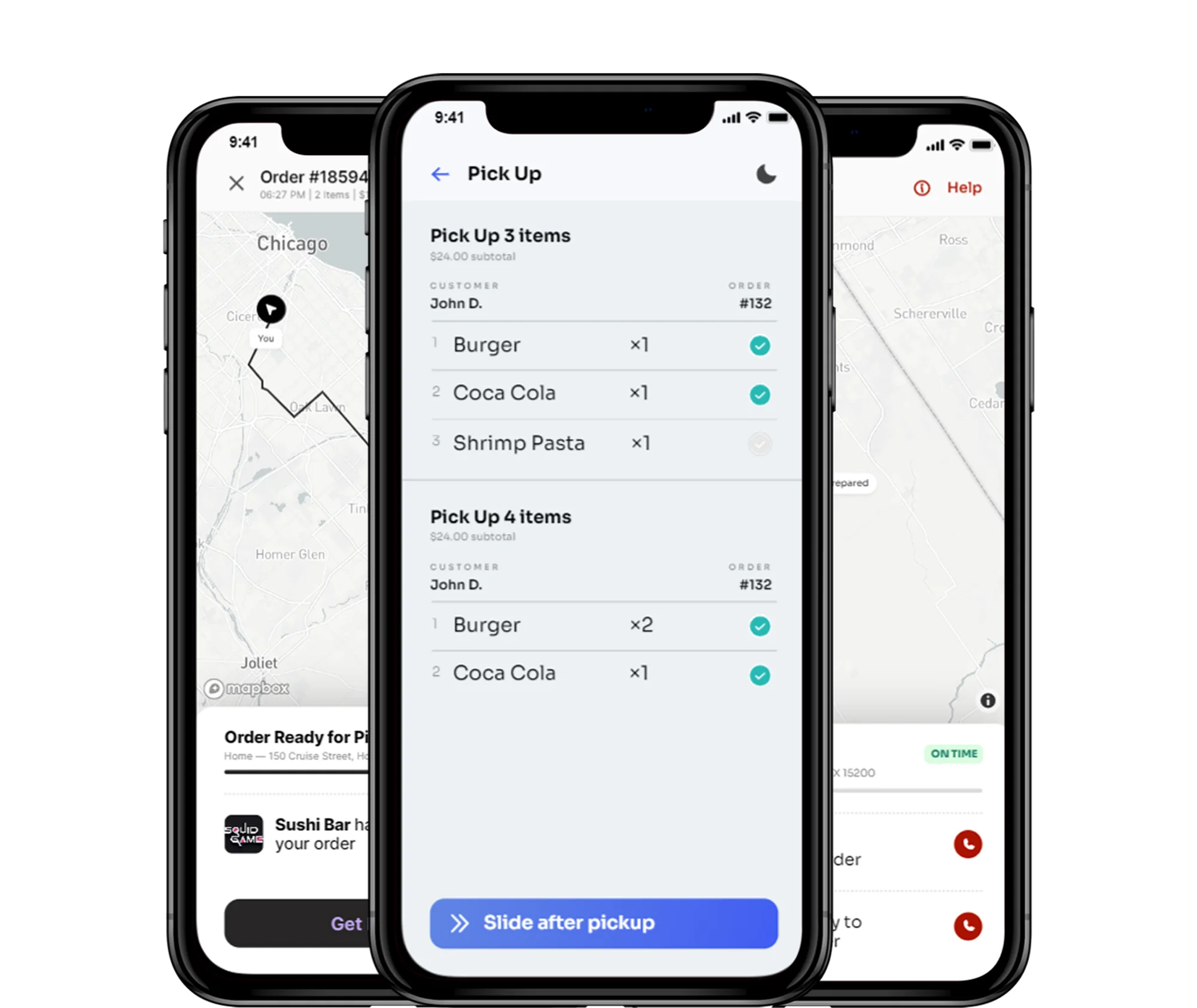 TableTuck driver app with route map, pick up list and order ready for pickup