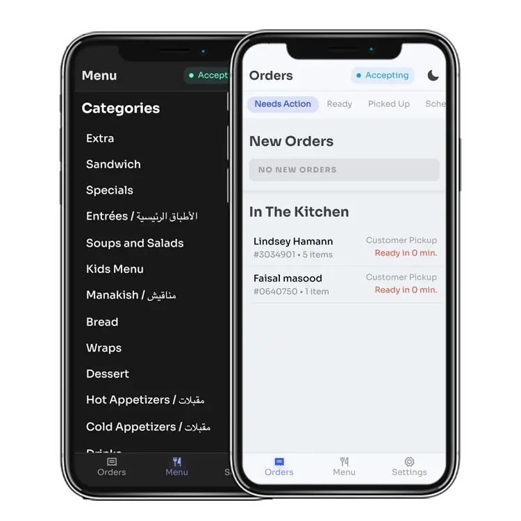 TableTuck kitchen app with menu categories and orders in the kitchen