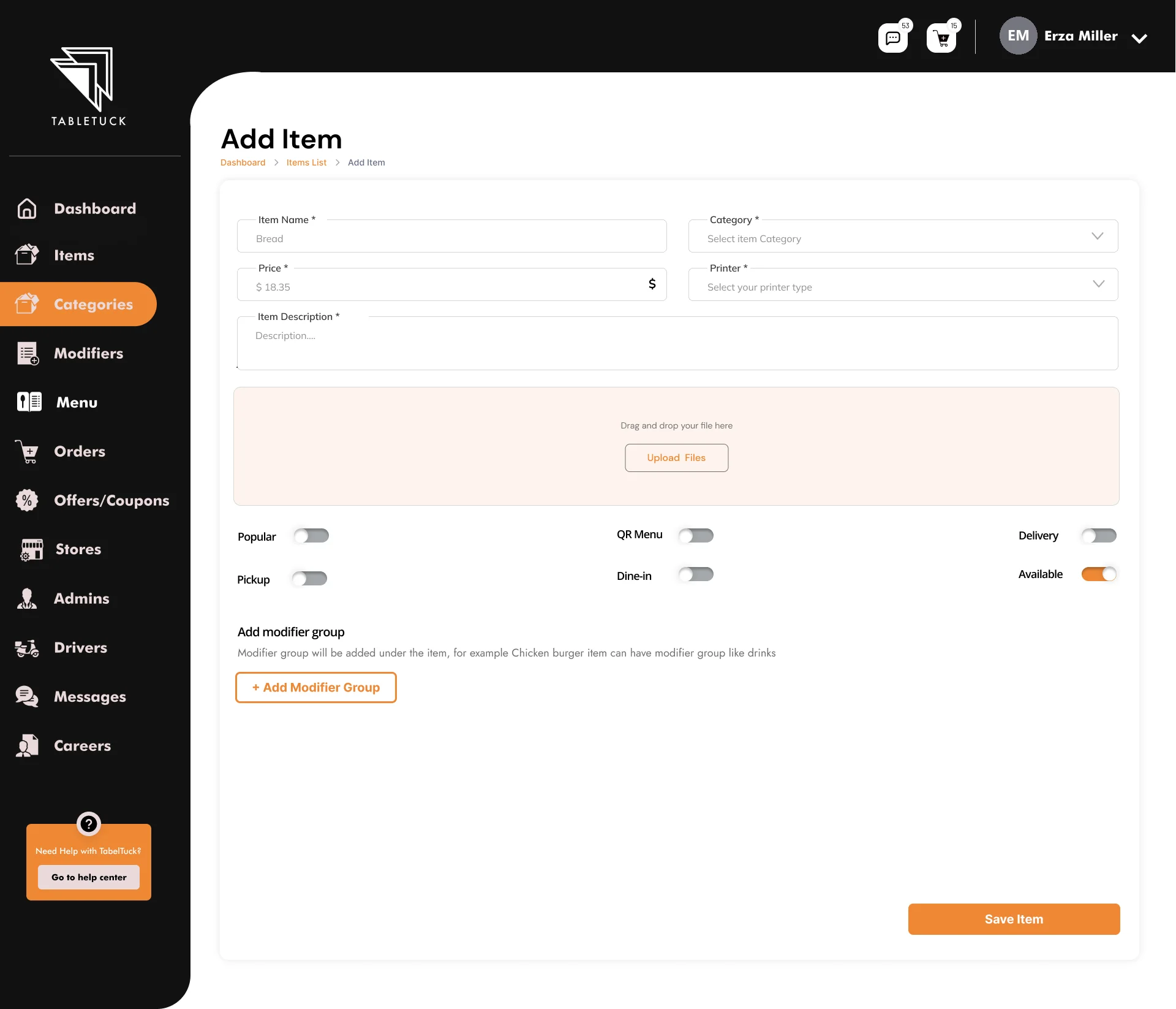 TableTuck admin dashboard Add Item form
