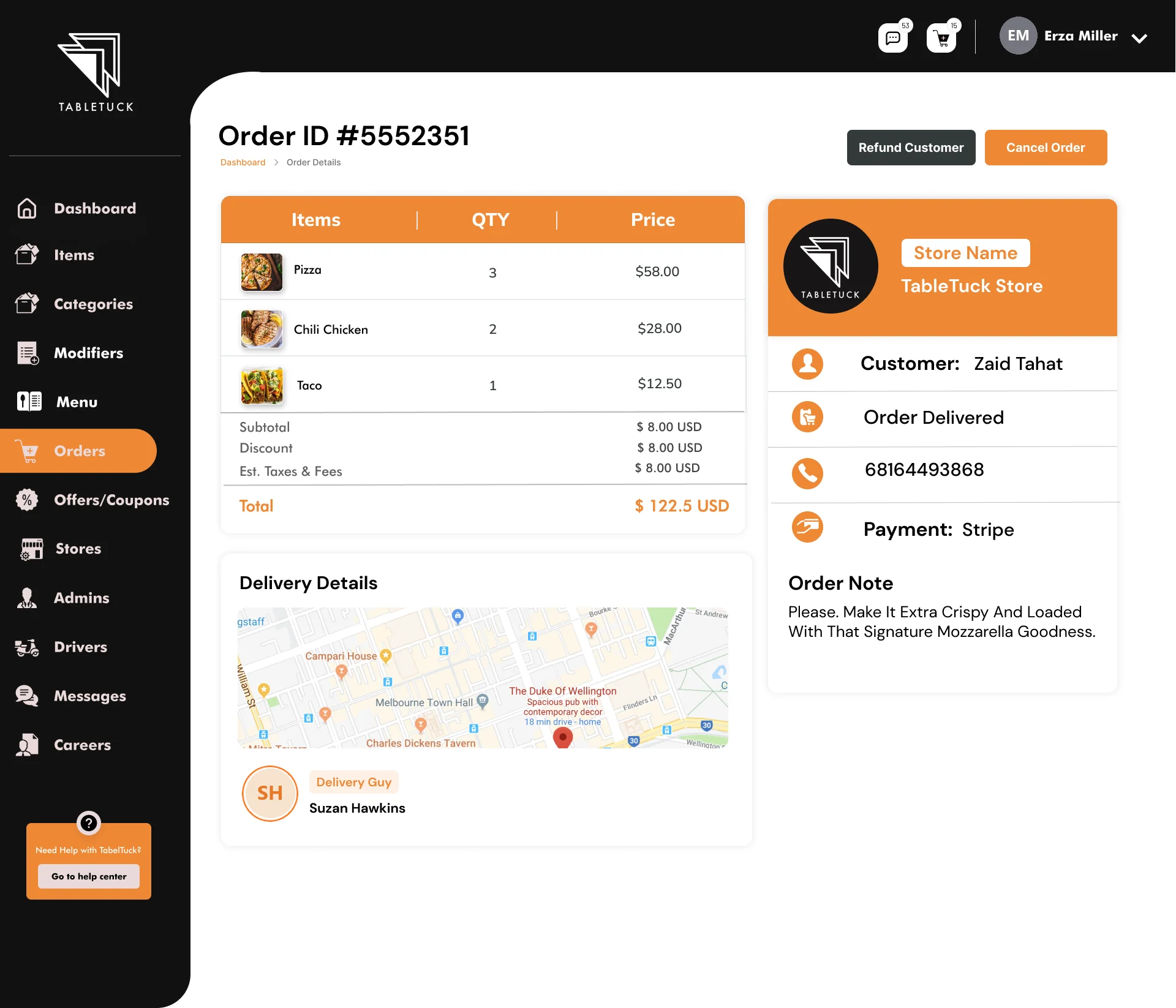 TableTuck admin order detail with items, customer, payment and delivery map