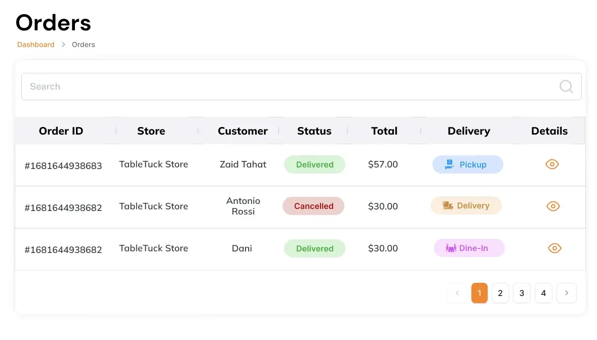 TableTuck admin Orders table with pickup, delivery and dine-in orders