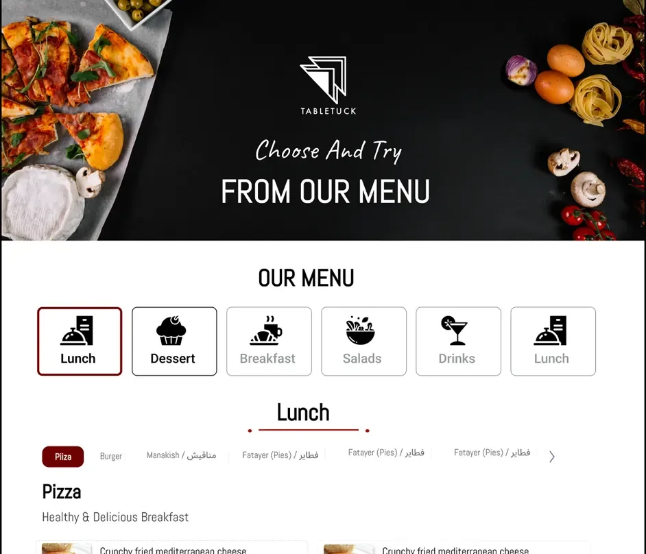 TableTuck customer site menu with categories