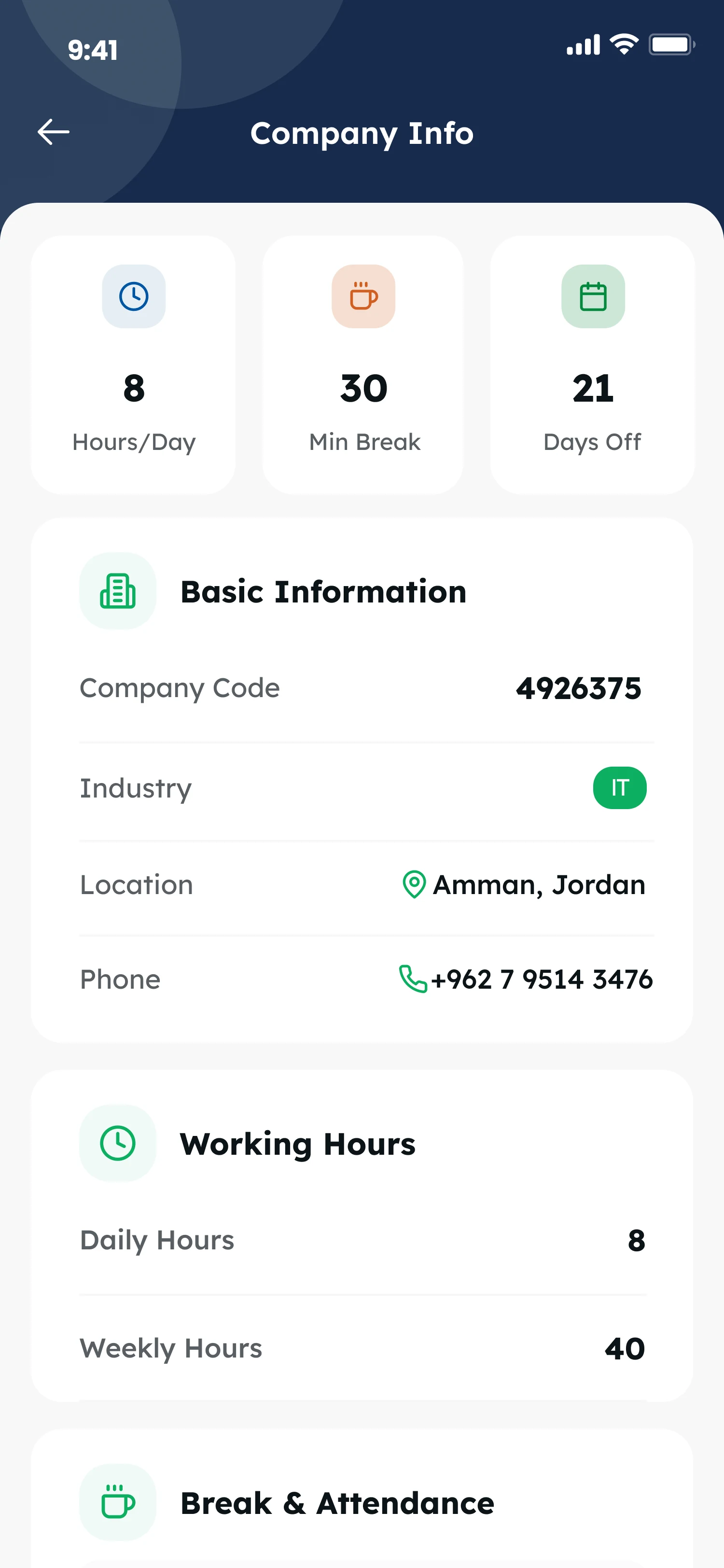 Wakkt Company Info with working hours, break and shift schedules