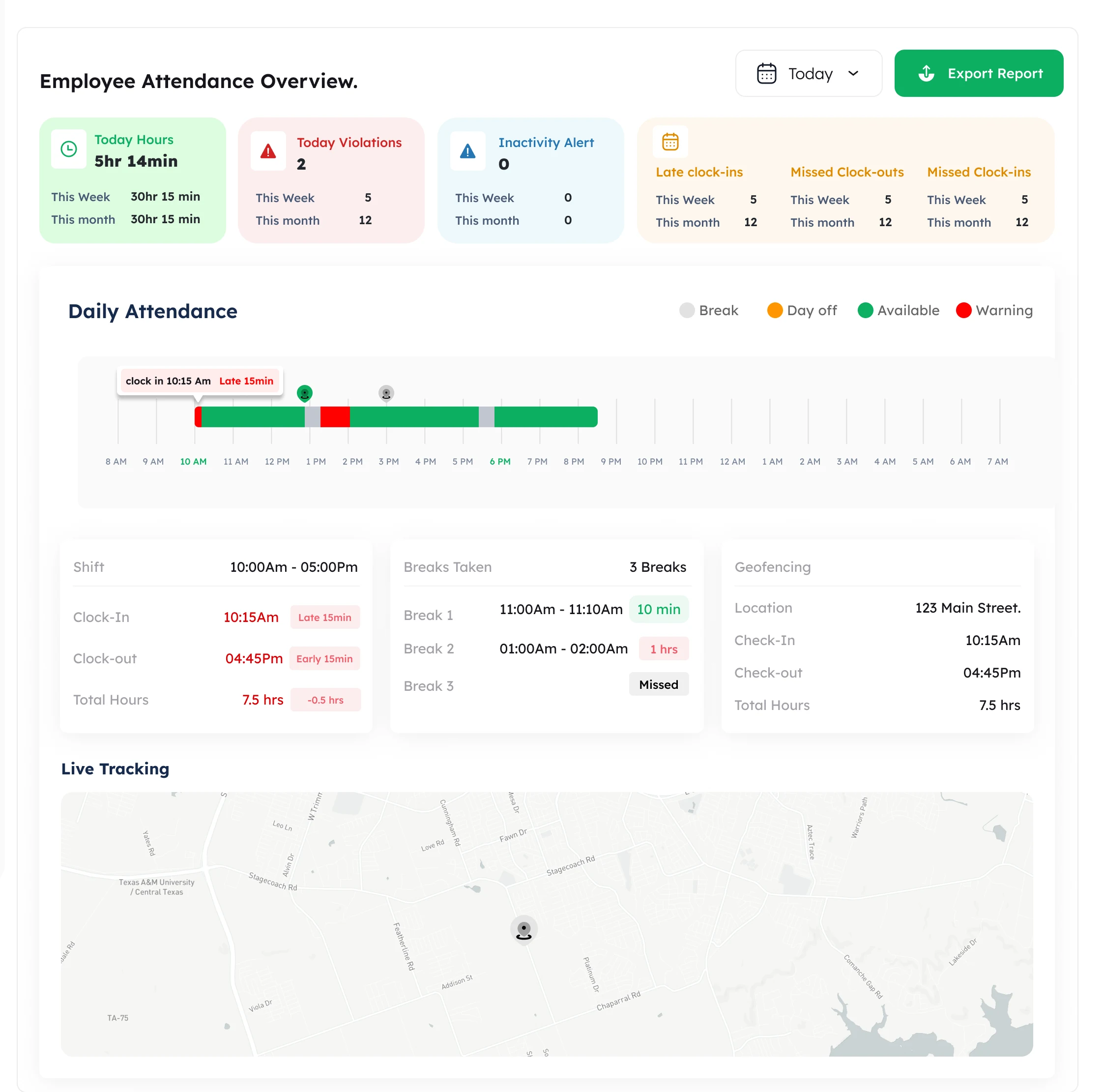 Wakkt Employee Daily Attendance with timeline, breaks and live tracking map