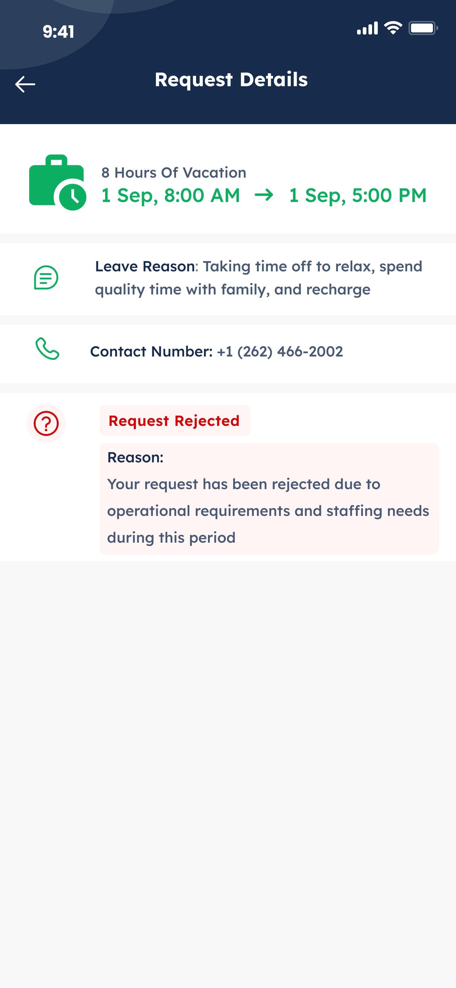 Wakkt vacation request details with manager reason