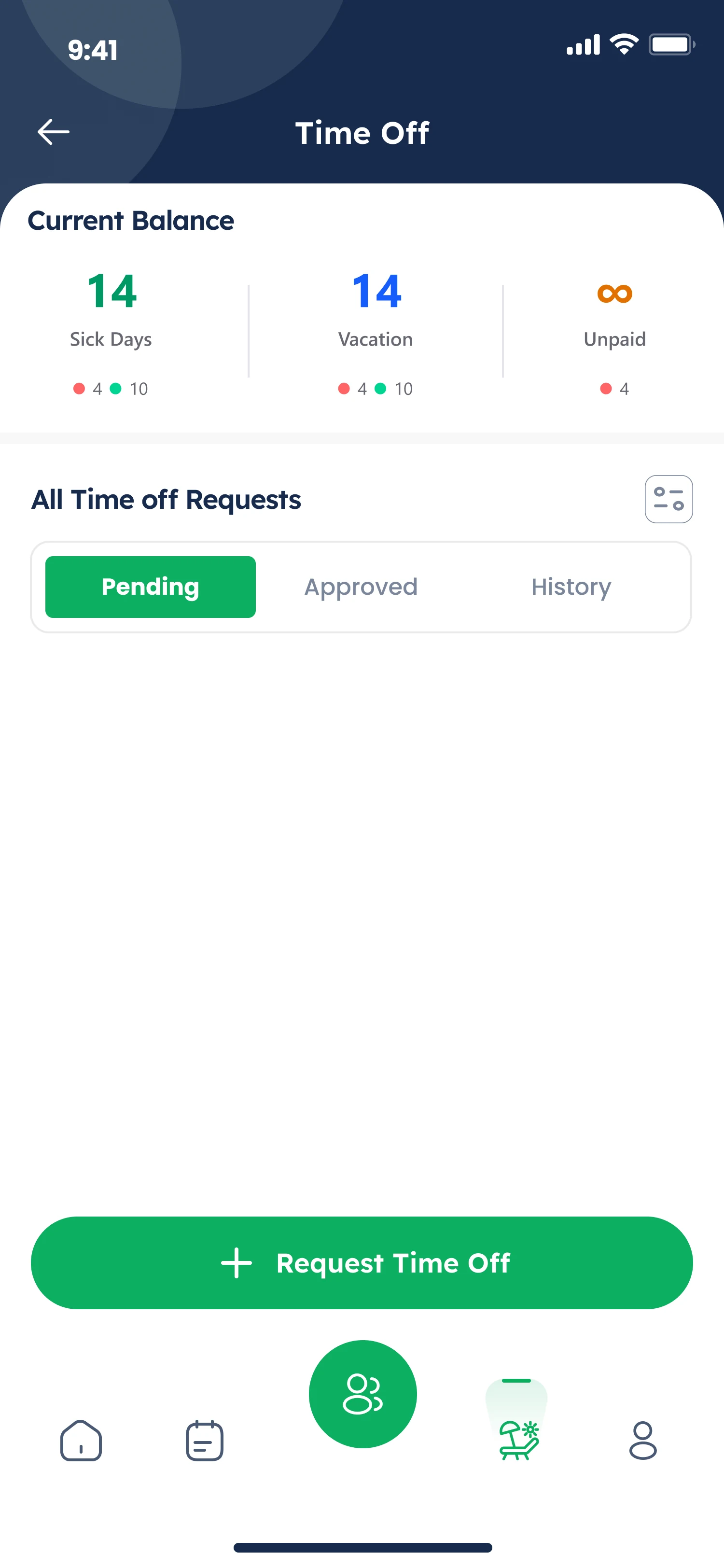 Wakkt Time Off with current balance and Request Time Off
