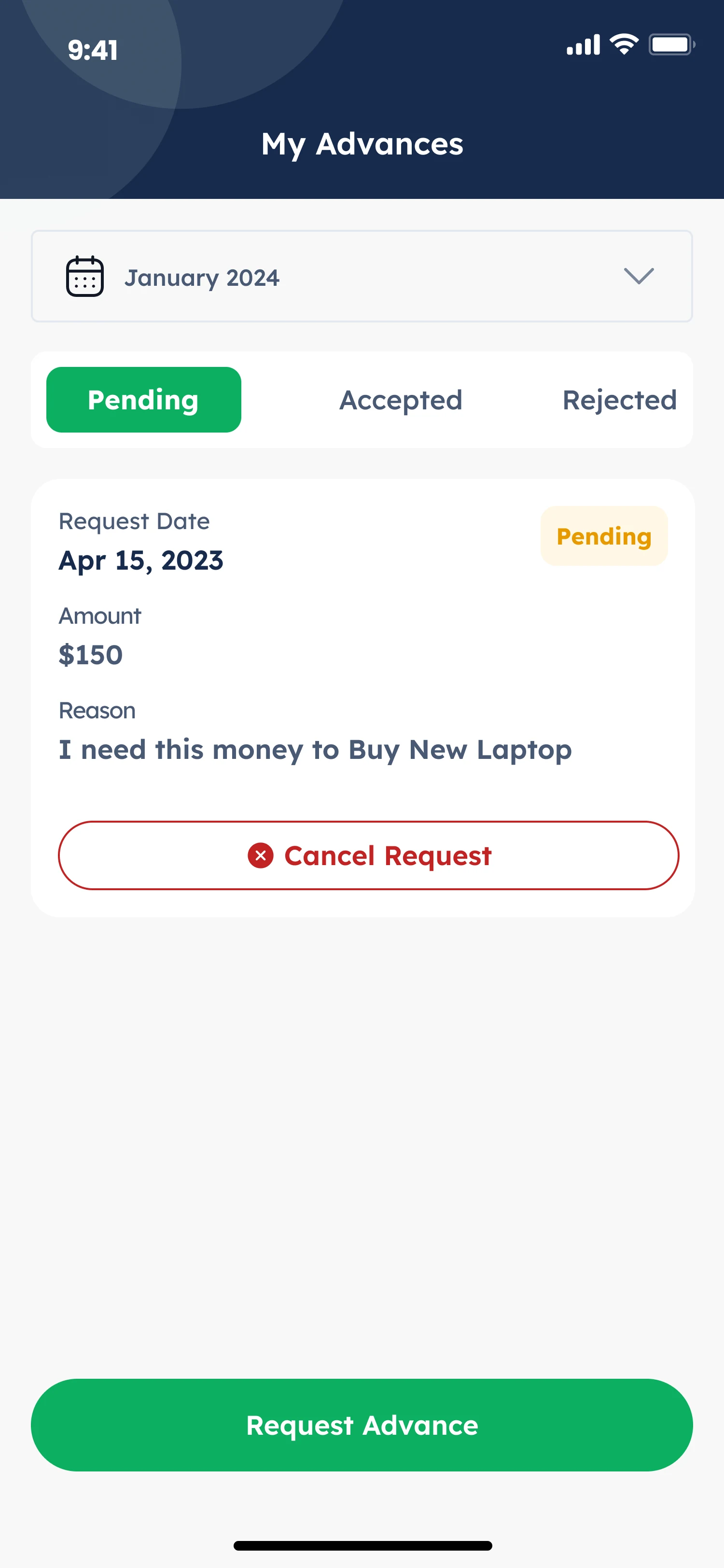 Wakkt My Advances with a pending salary advance request