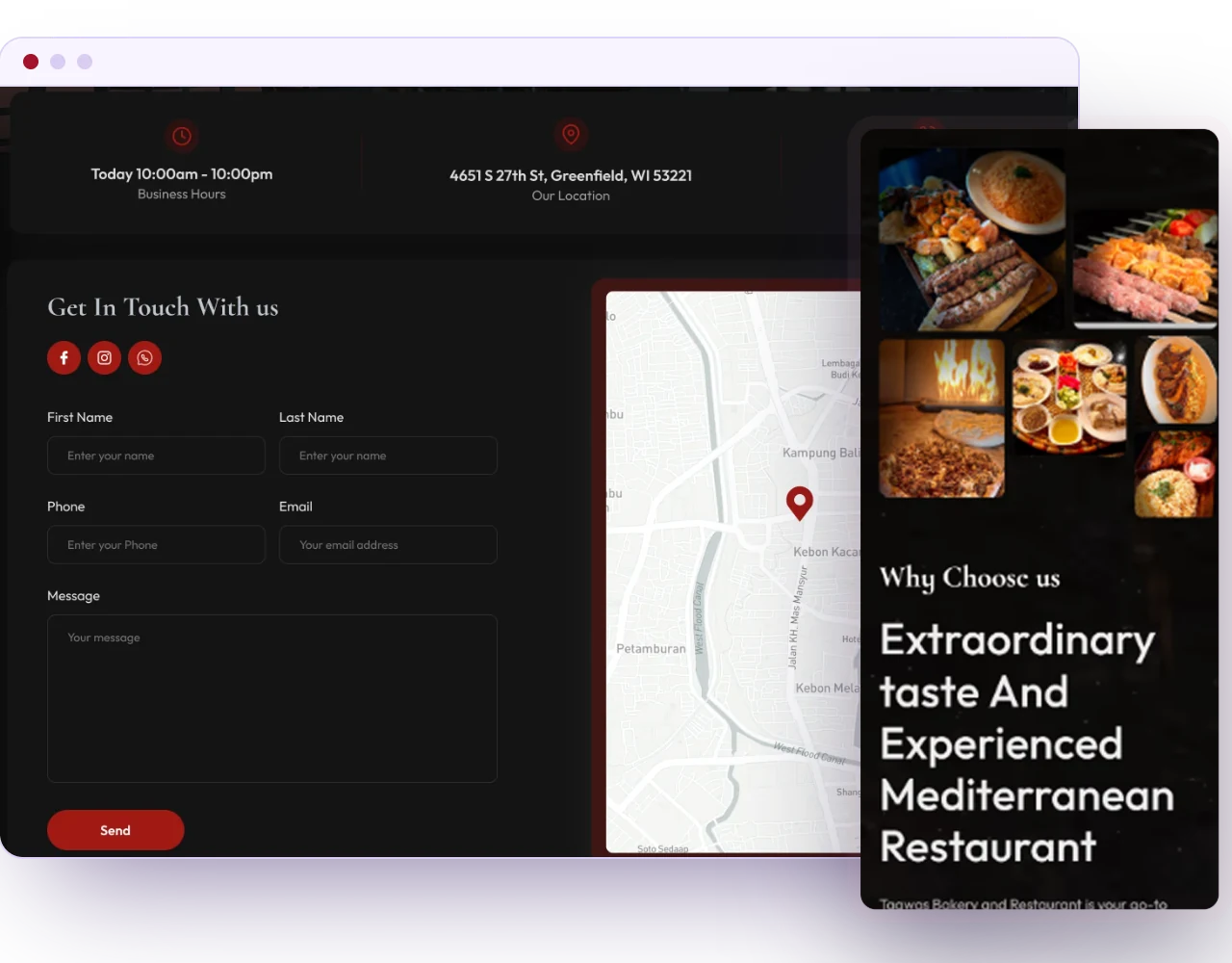 Taqwa's website contact page with hours, location and map, beside the mobile Why Choose us screen