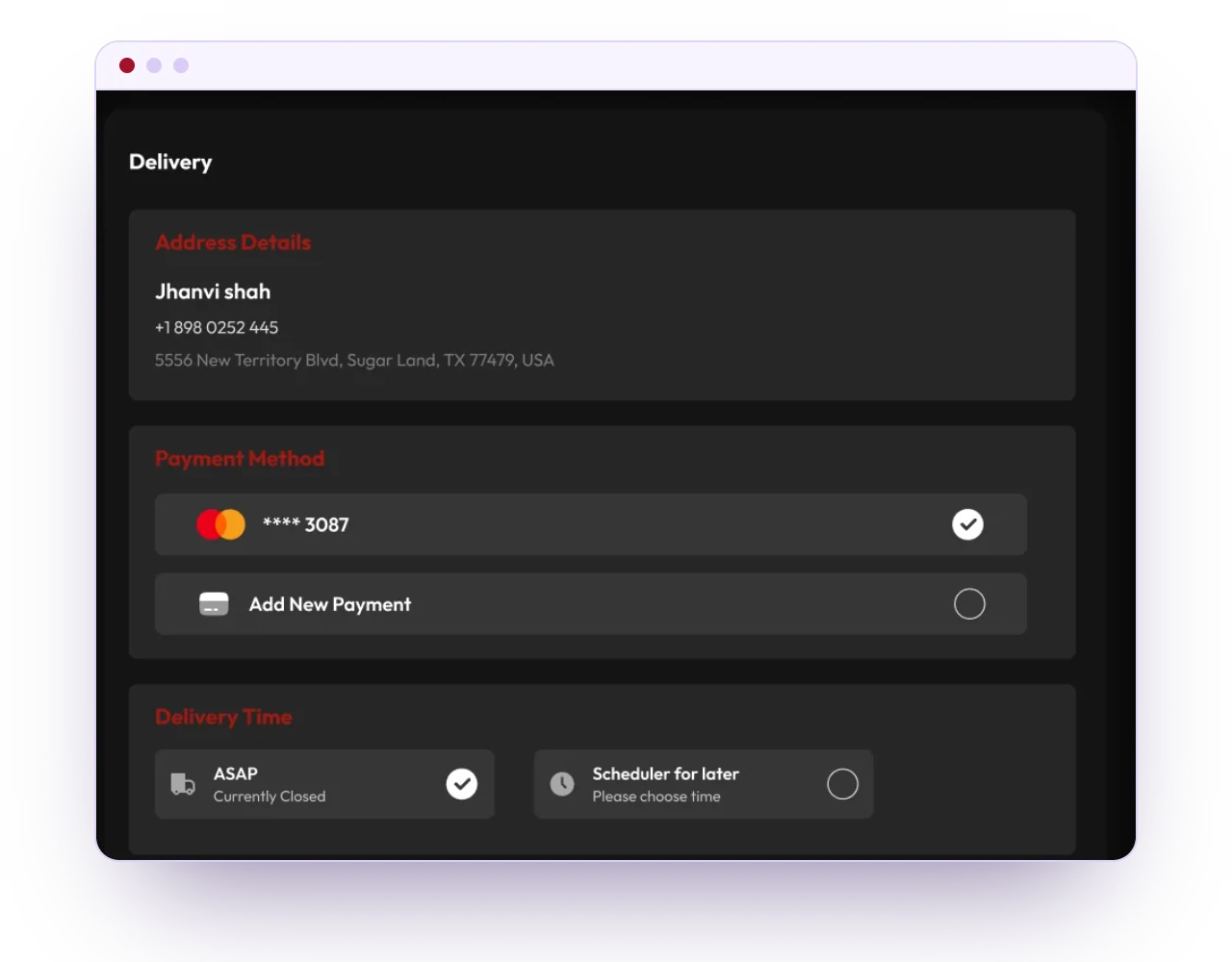 Taqwa's website checkout with address, saved card and delivery time