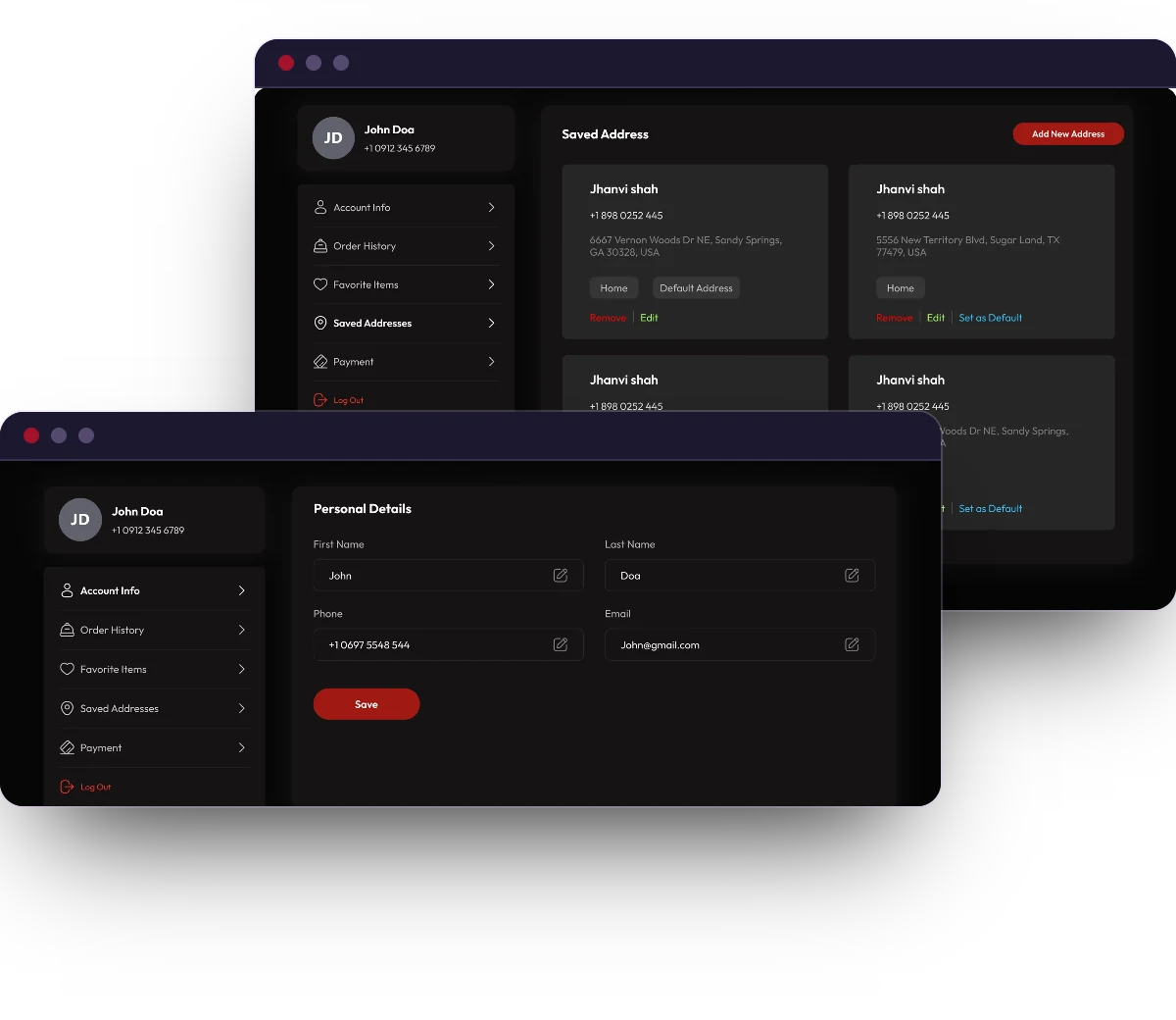 Taqwa's customer account screens, Saved Address and Personal Details