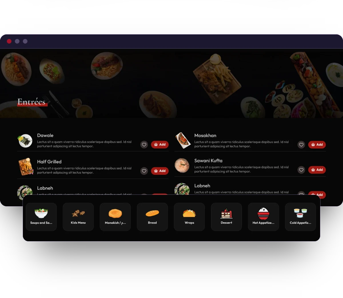 Taqwa's website menu, Entrées with the menu category tiles