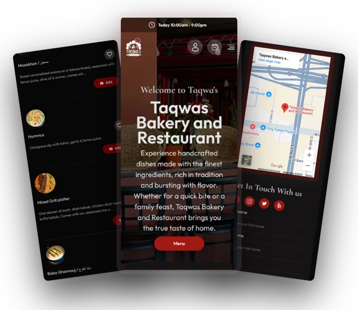 Taqwa's mobile app home, menu and contact screens