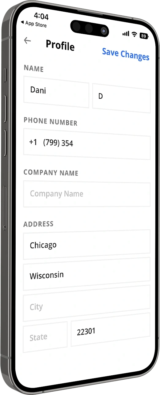 Unico app Profile screen with contact and address fields