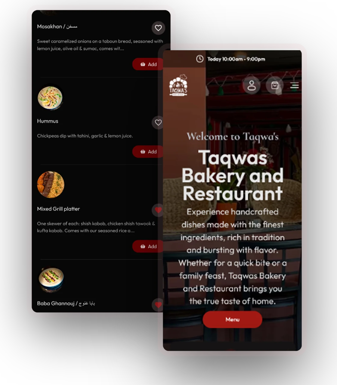 Taqwa's mobile app home screen in front of the menu list with Add buttons