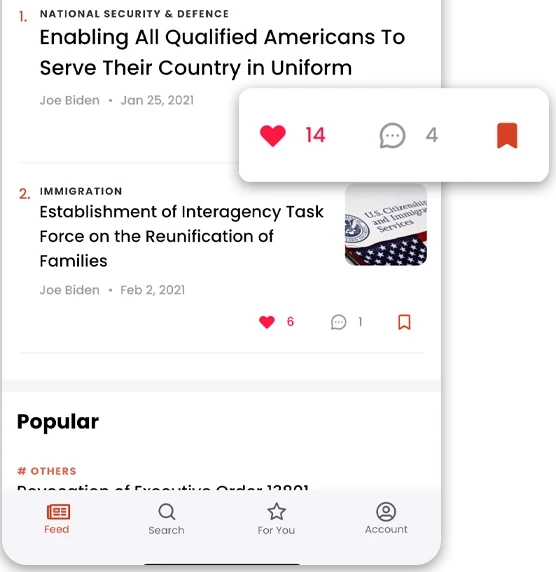 Prexo feed with likes, comments and bookmarks on executive orders