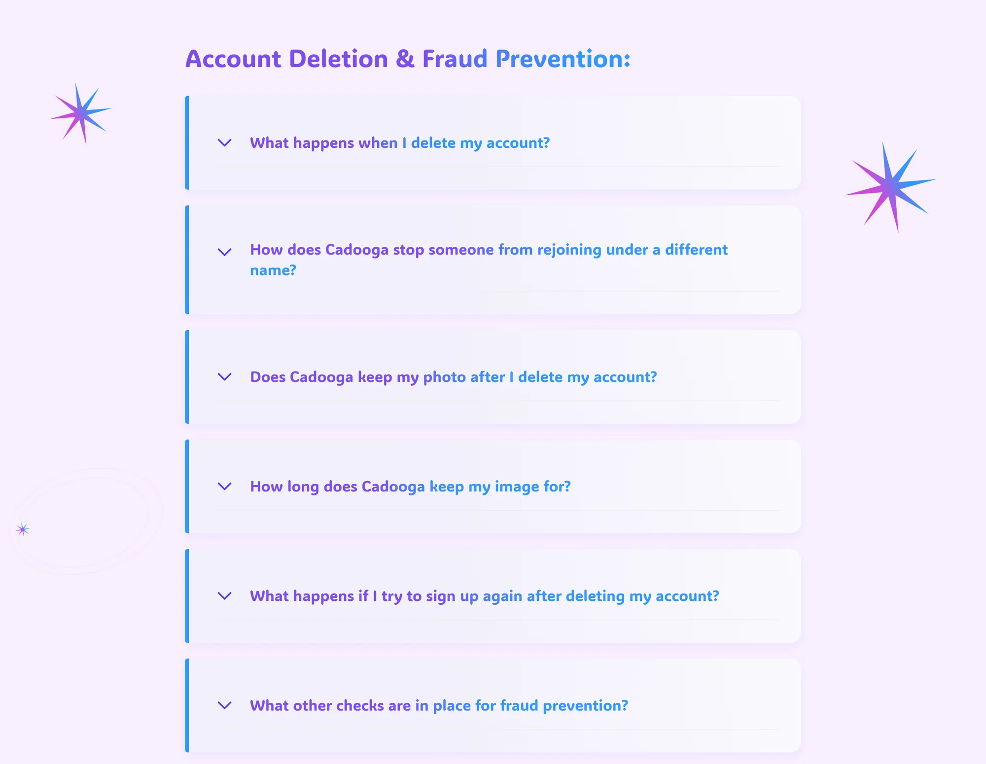 Cadooga website FAQ accordion list