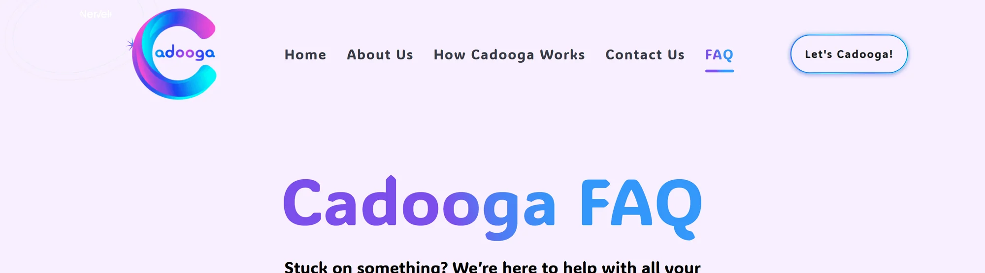 Cadooga website navbar and FAQ page header