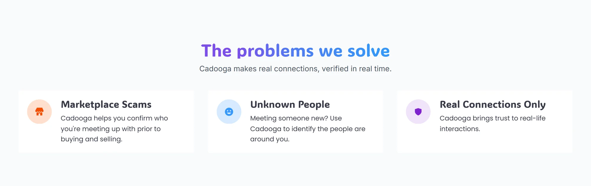 Cadooga website The problems we solve section with three cards