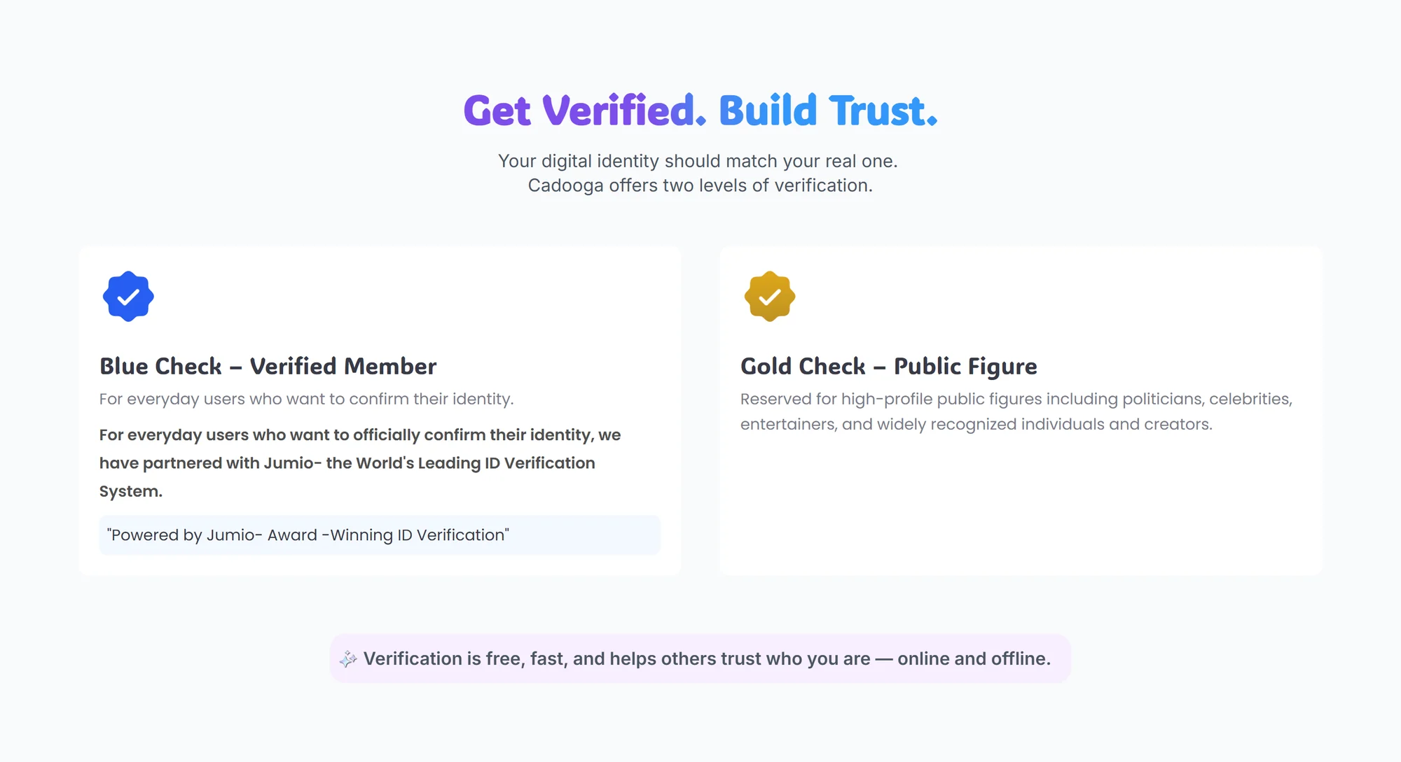 Cadooga website Get Verified section with check cards