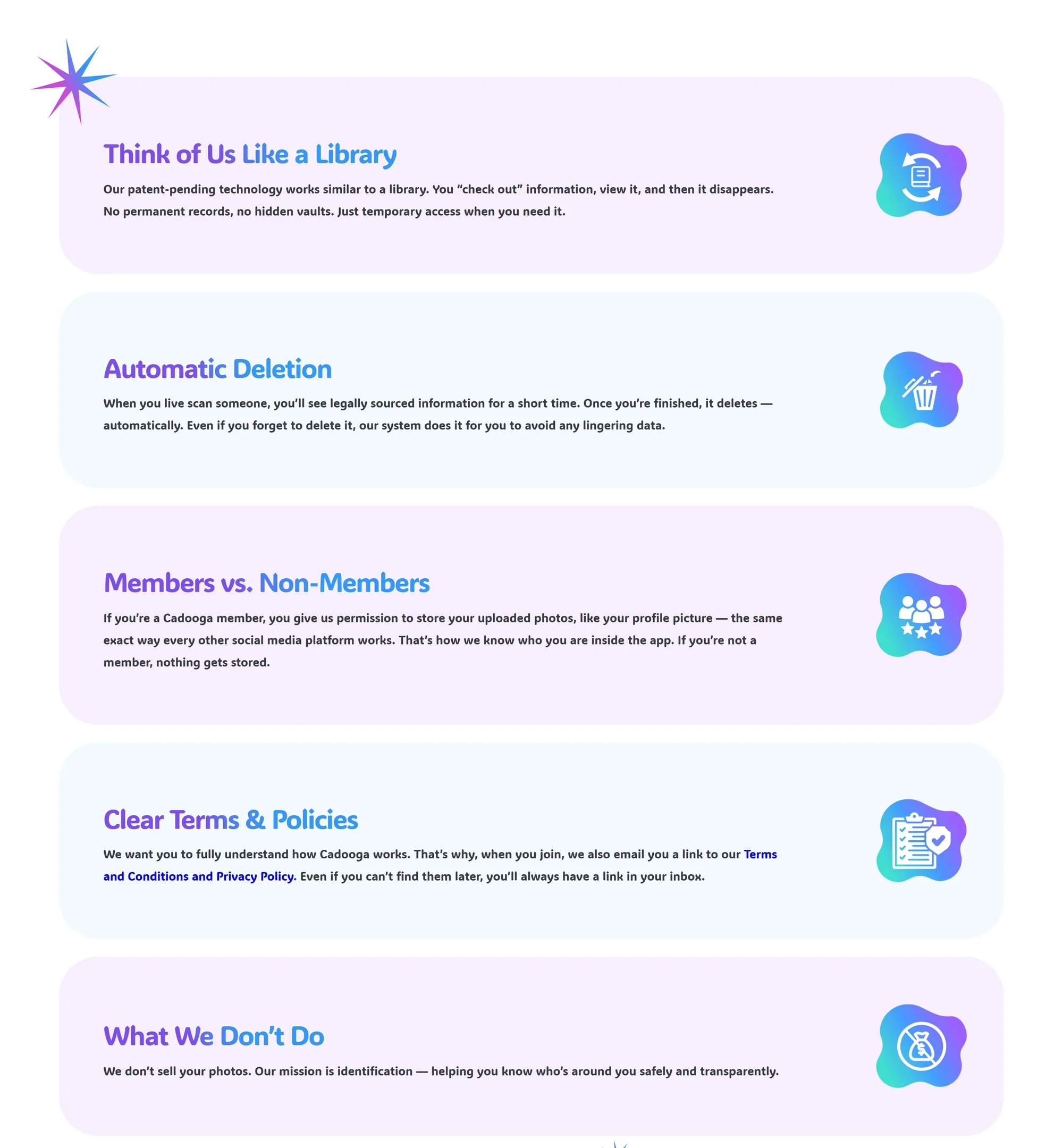 Cadooga website How Cadooga Works page with a stack of feature cards