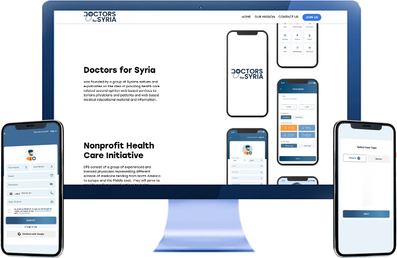 Doctors for Syria website and mobile app screens