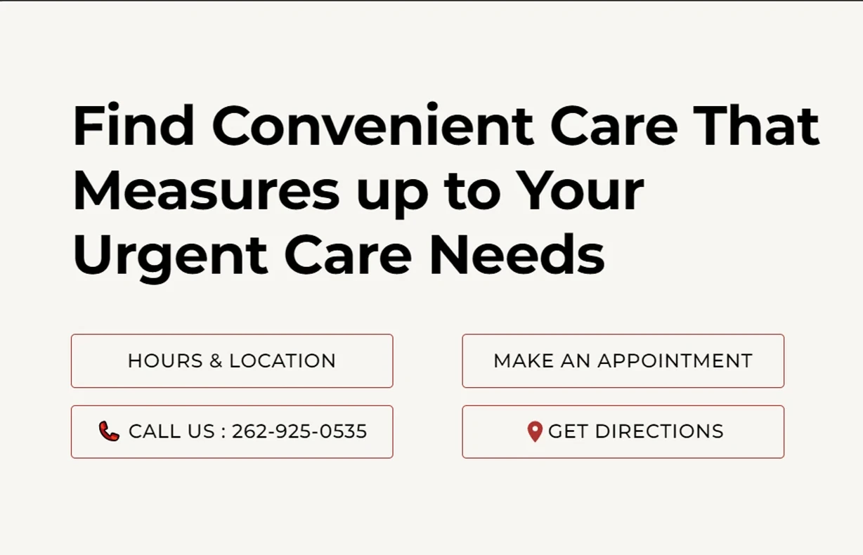 Kenosha Urgicare website hero with appointment and location buttons