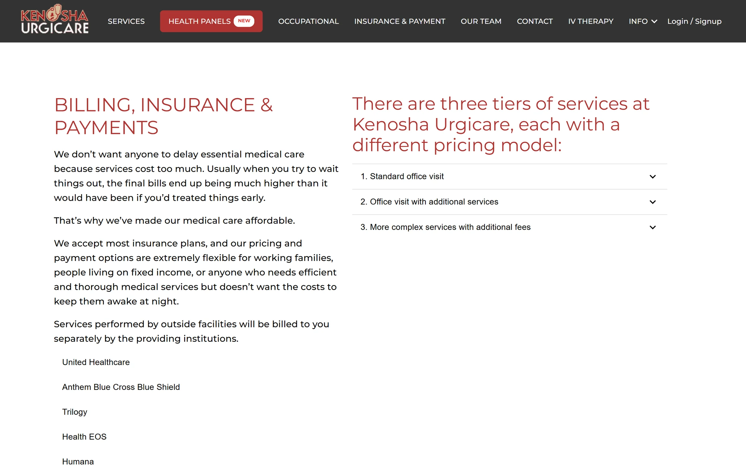 Kenosha Urgicare website billing, insurance and payments page