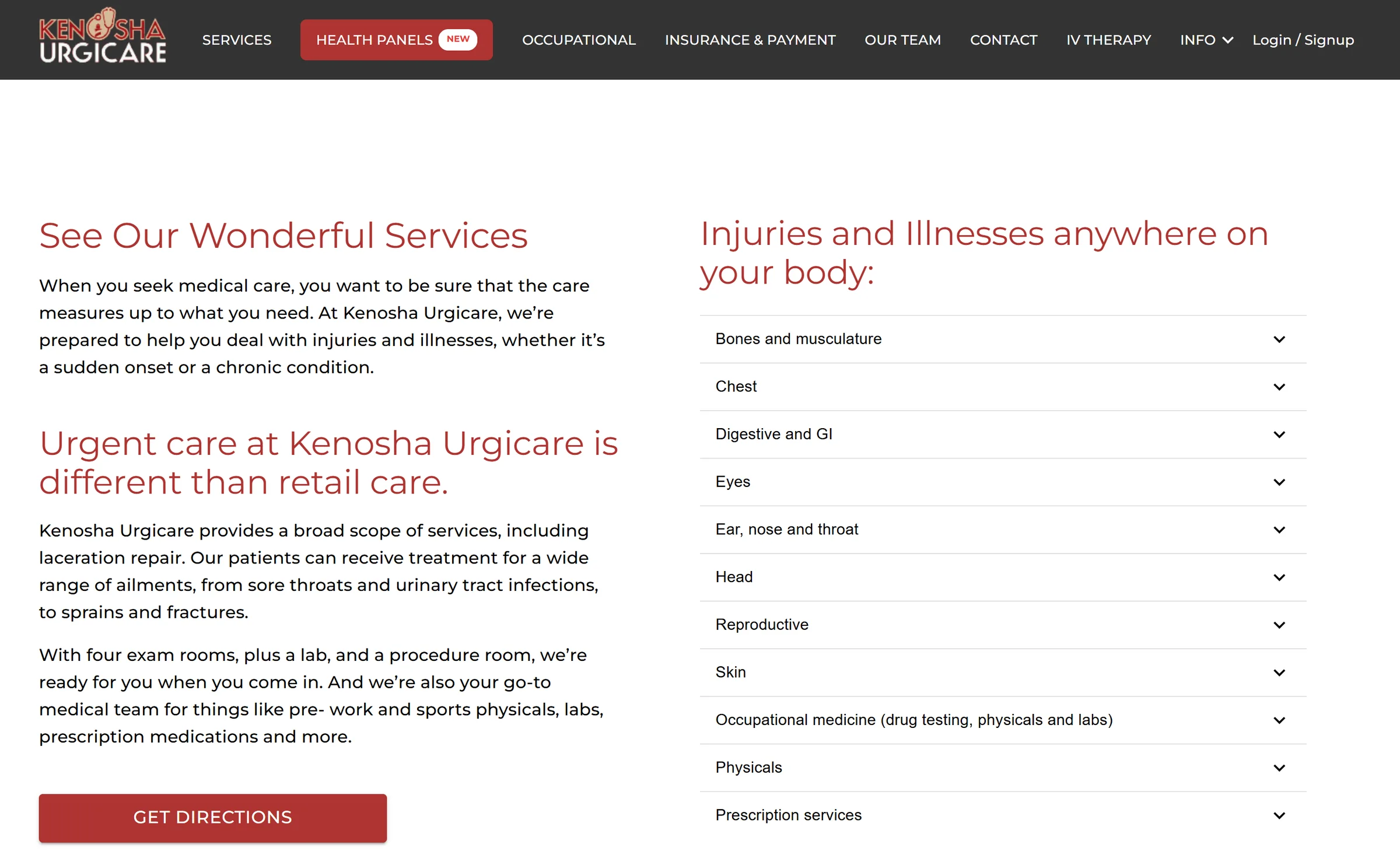 Kenosha Urgicare website services page