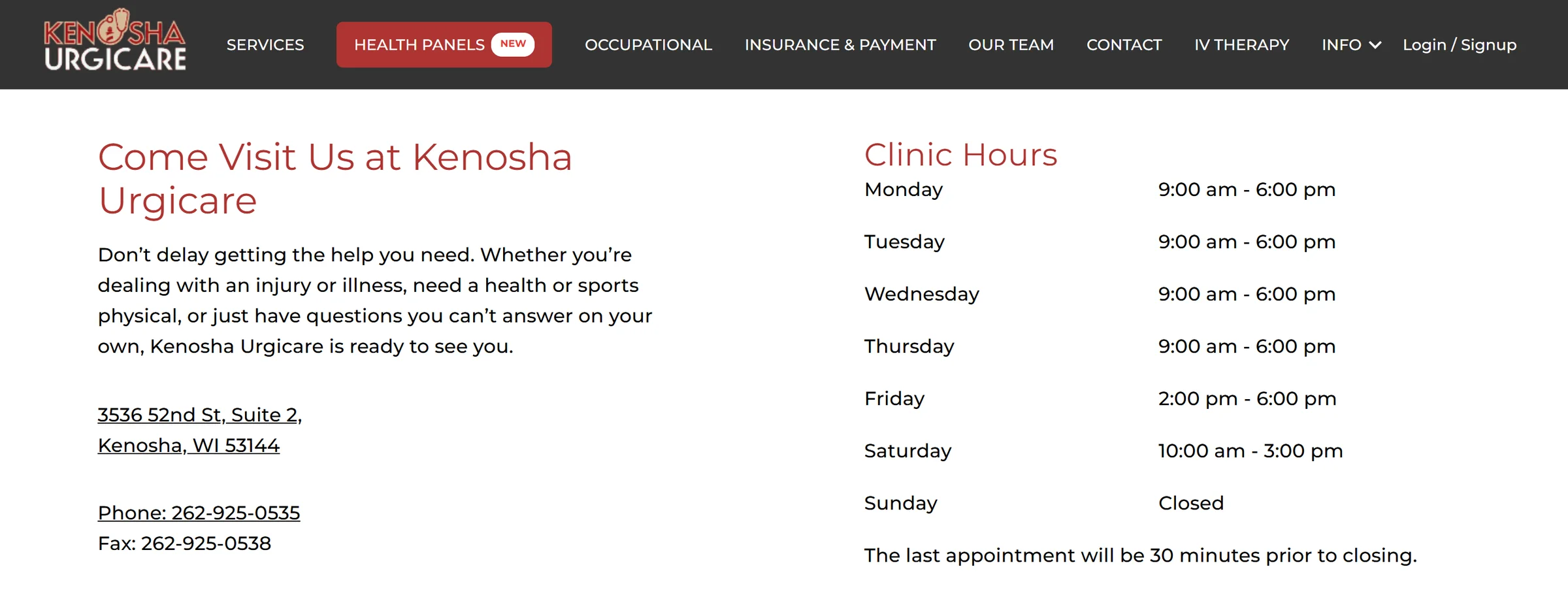 Kenosha Urgicare website contact page with clinic hours