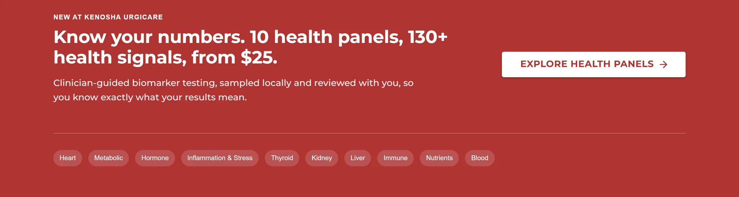 Kenosha Urgicare website home page band with the health panel chips