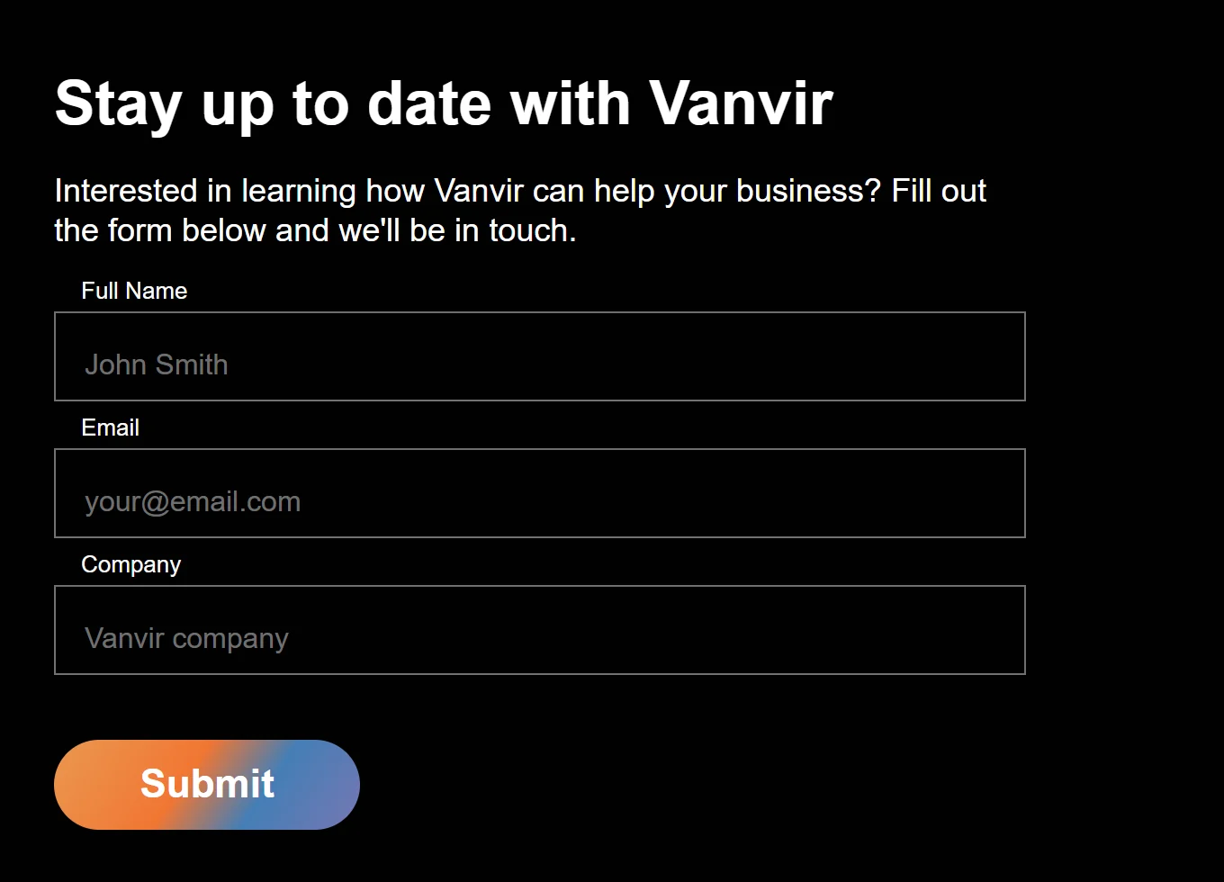 Vanvir website Stay up to date with Vanvir sign-up form