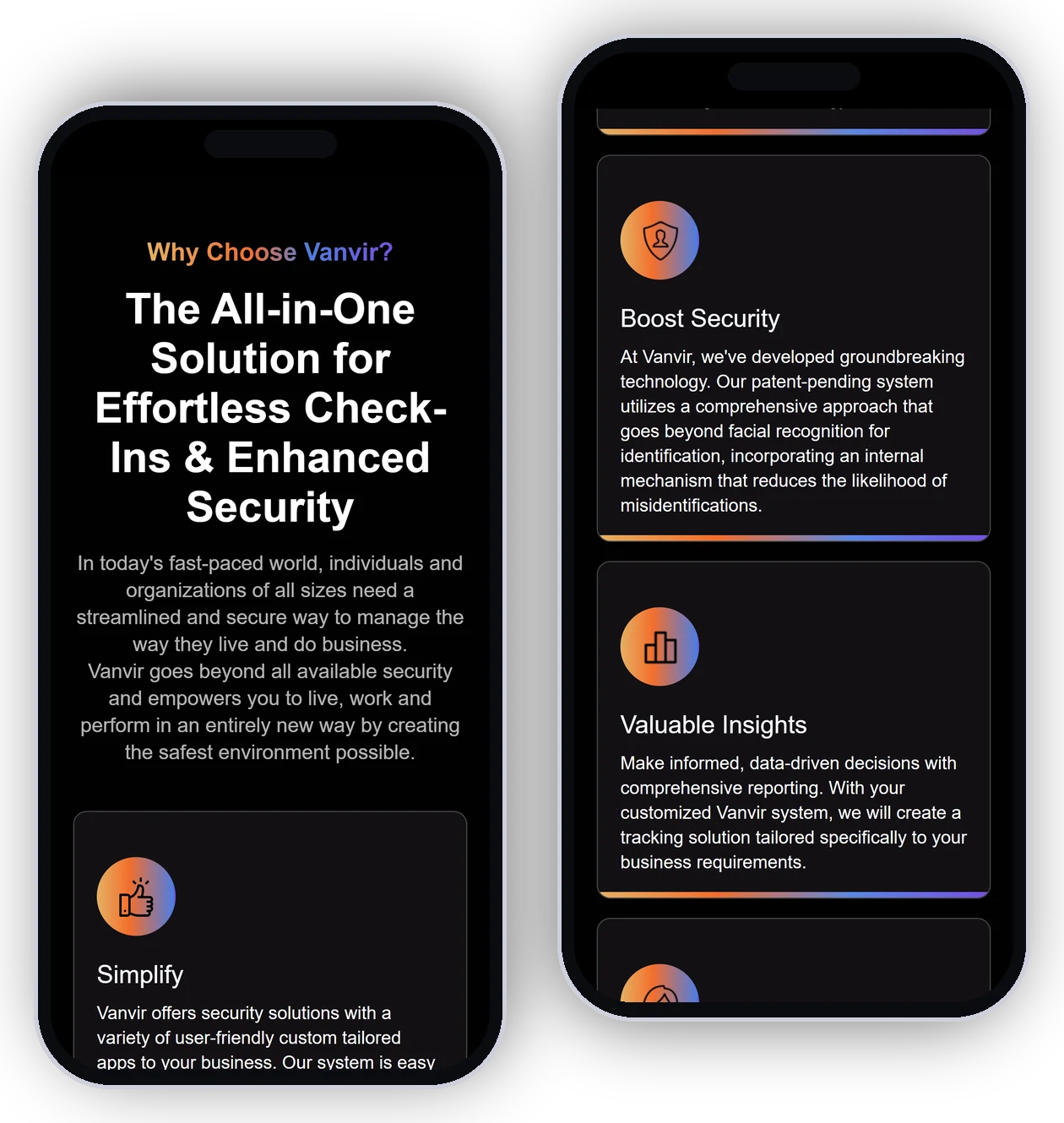 Vanvir website feature cards on two phones