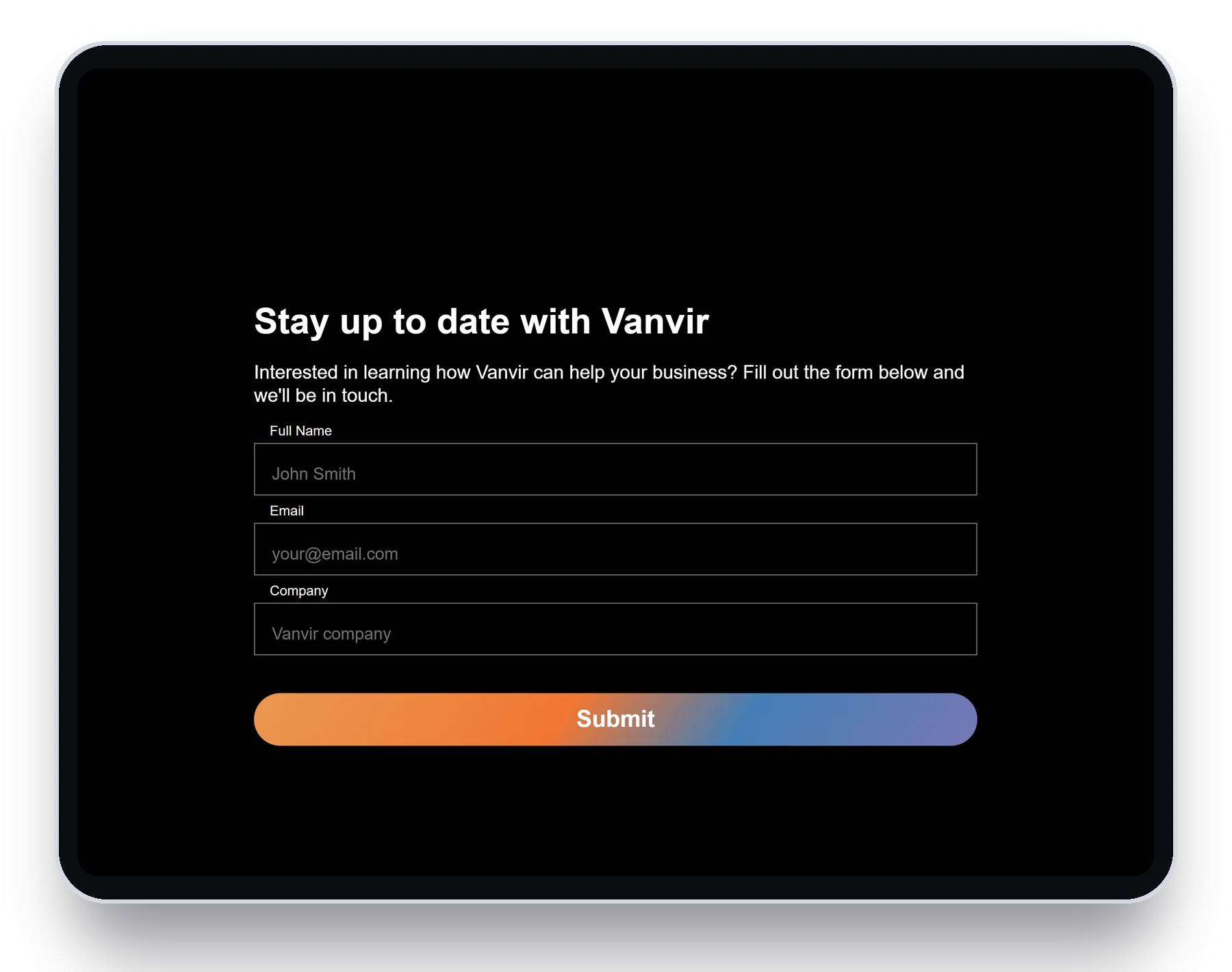Vanvir website sign-up form on a tablet