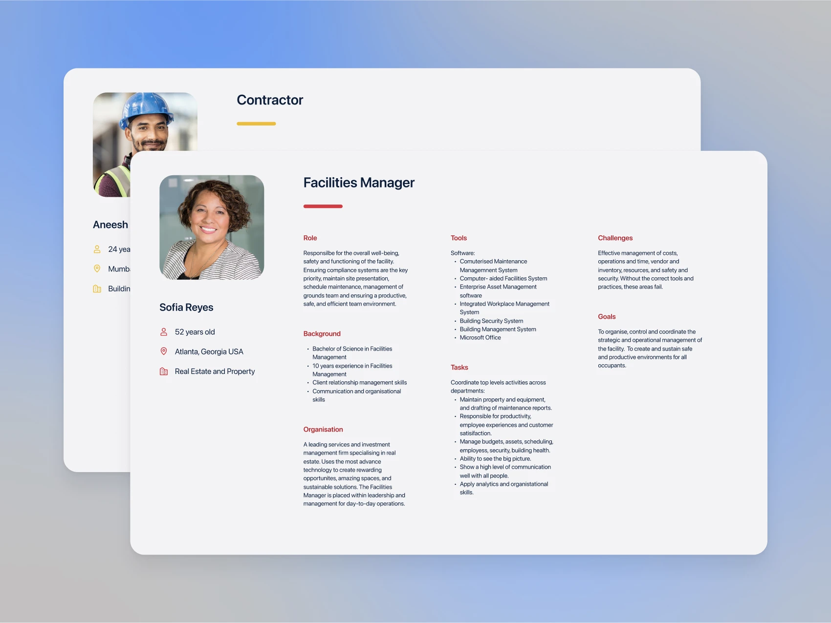 Facilities manager and contractor personas