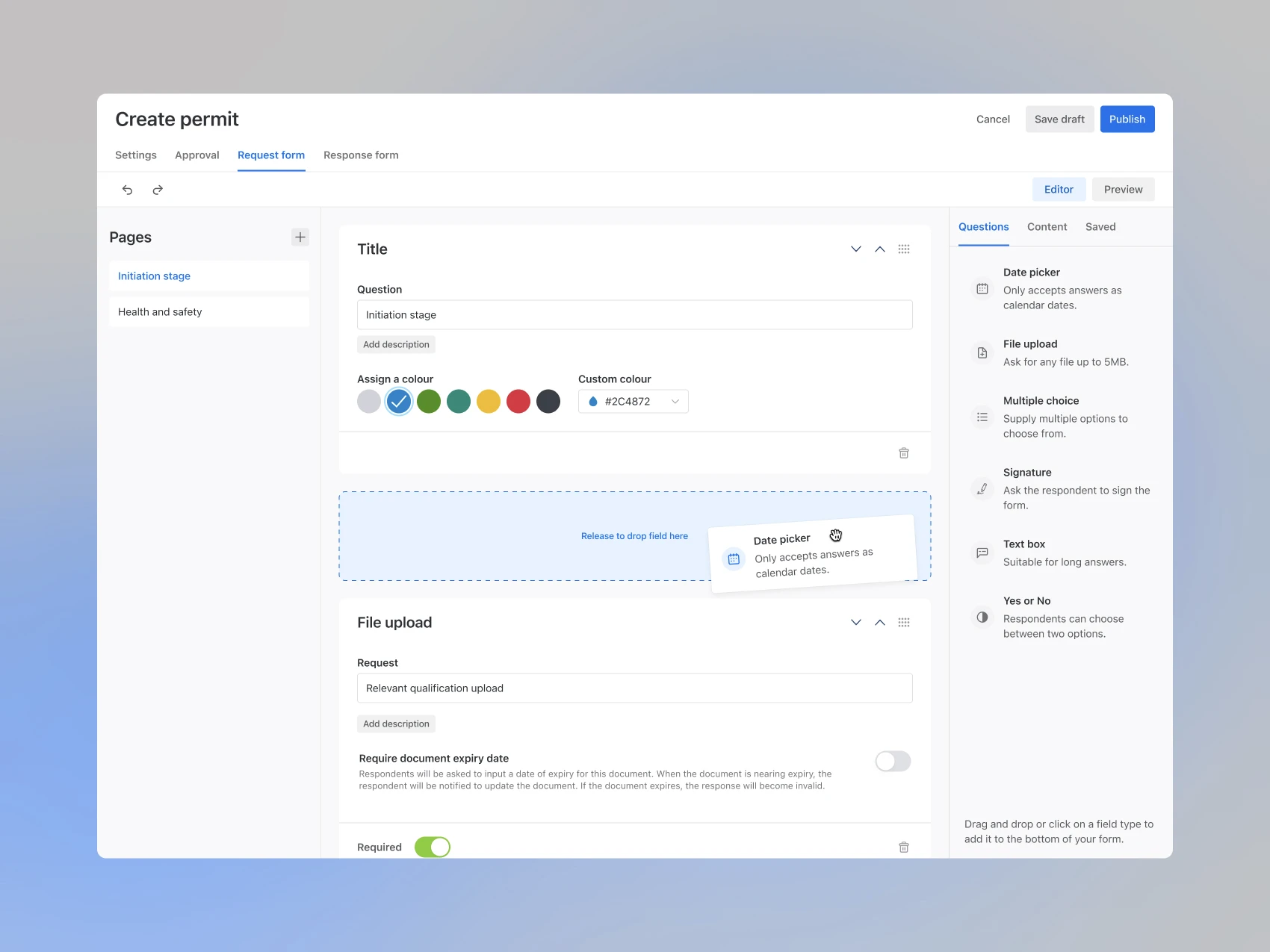 Workflows form builder with drag and drop