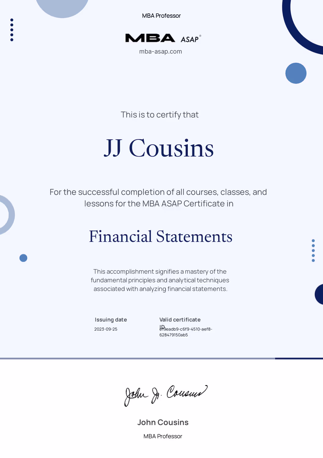MBA ASAP Certificate