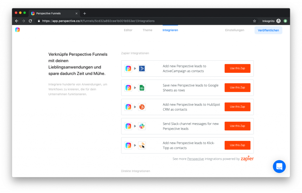 Ansicht von Zapier Integrationen in Perspective Funnels