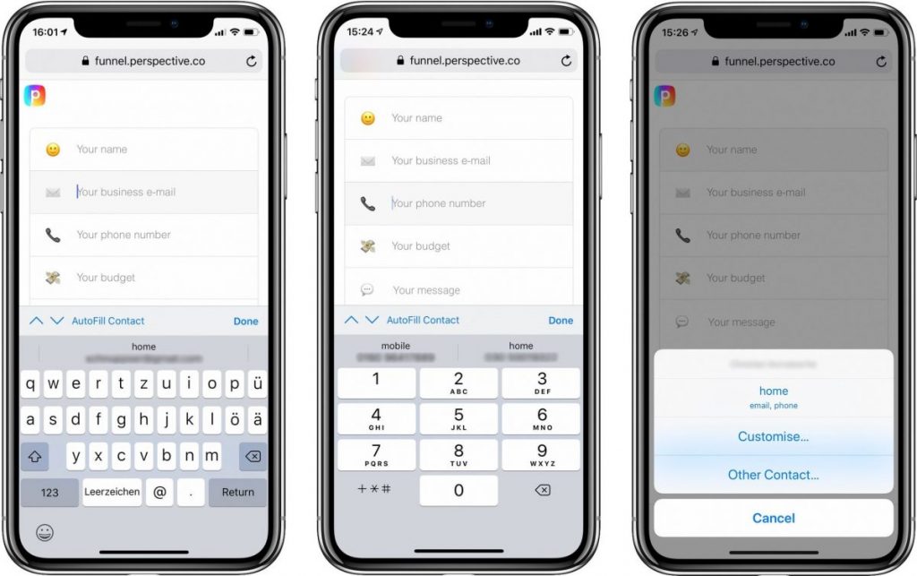 3 iPhone Mockups mit Kontaktformular