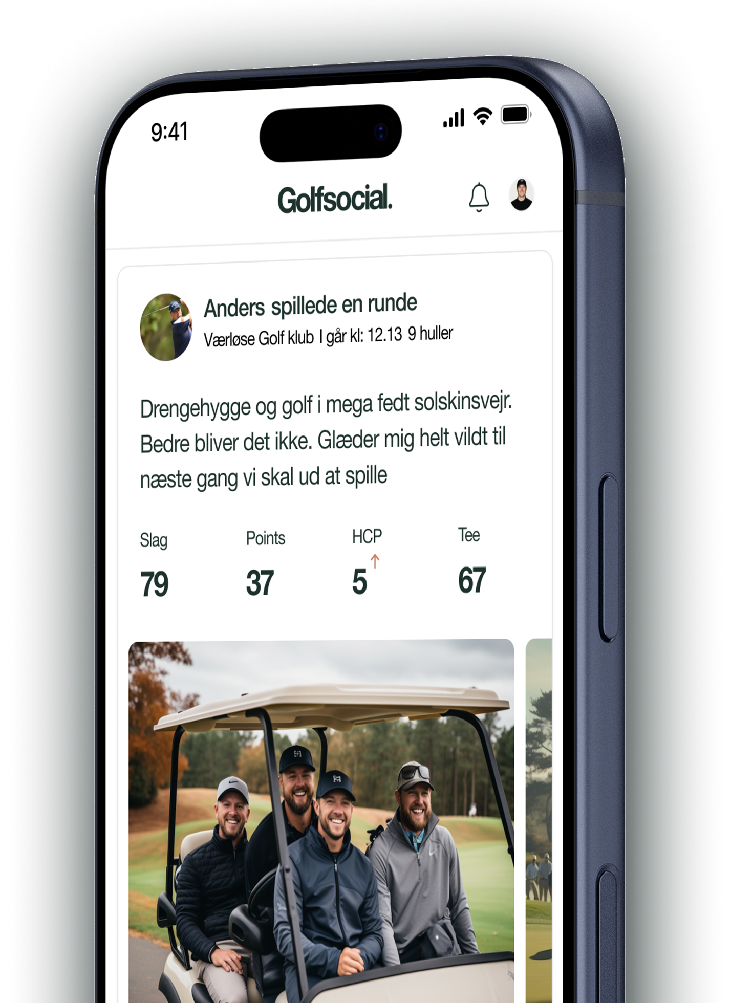Golf social media post showing four men sitting and smiling in a golf cart on a golf course.